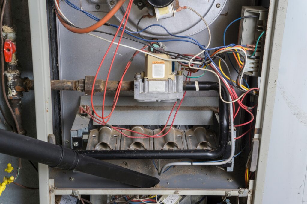 Repairman Vacuuming Inside Of A Gas Furnace