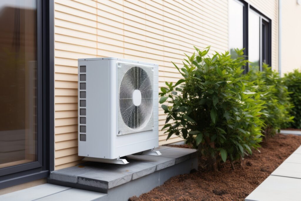 A noisy heat pump on the side of a house